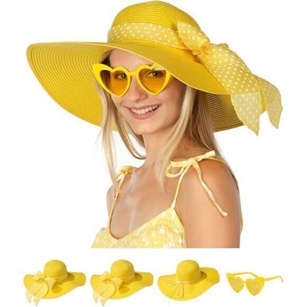 Funcredible Sun Wide Brim Hat Straw Sun Hats with Bow and Heart Shape Glasses